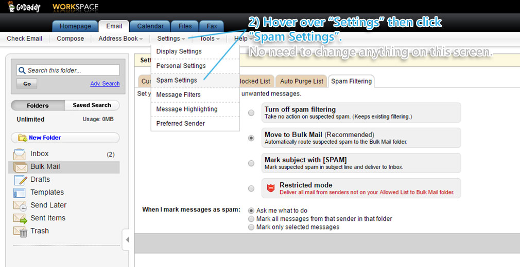 GoDaddy Webmail Spam settings. 