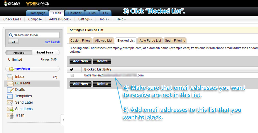 GoDaddt webmail blocked sender list. 