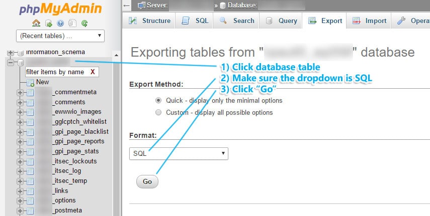 Exporting a database backup in phpMyAdmin. 