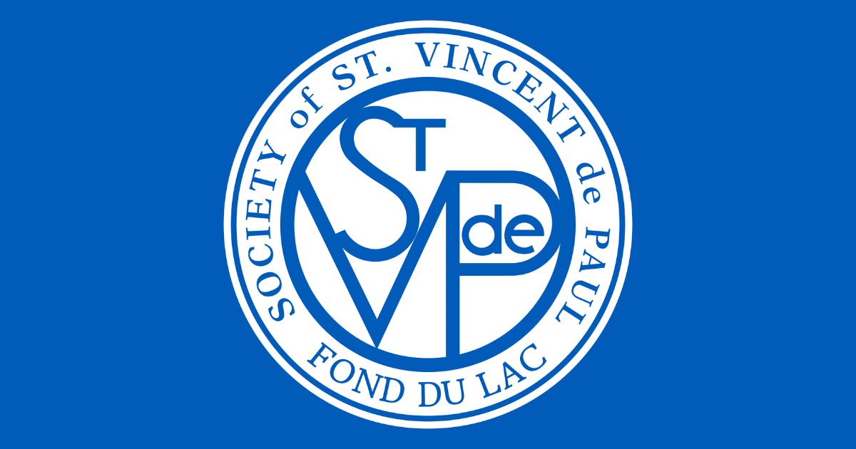 St Vincent de Paul Fond du Lac logo on blue background.